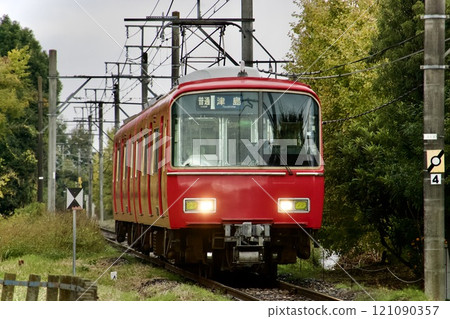 名鐵列車穿過一排銀杏樹 名鐵列車穿過一排銀杏樹 121090357