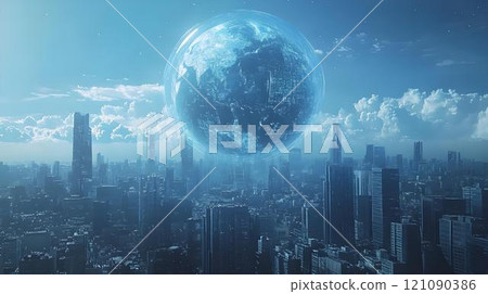 Holographic Earth floating on modern city skyline under blue sky 121090386