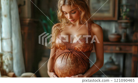 A pregnant woman in a brown dress gazes lovingly at her belly in a cozy, softly lit room 121090465