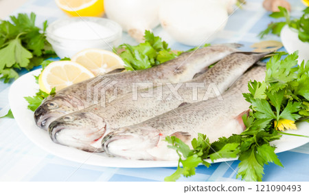 Lemon, parsley, fish and onion lying on the plate 121090493