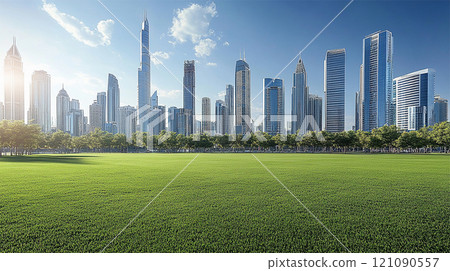 Broad grassland and modern city building skyline under blue sky 121090557