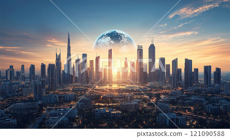 Holographic Earth floating on modern city skyline under blue sky Holographic Earth floating on modern city skyline under blue sky 121090588
