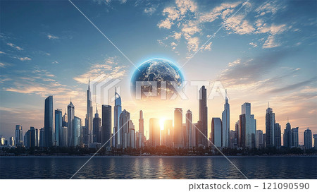 Holographic Earth floating on modern city skyline under blue sky Holographic Earth floating on modern city skyline under blue sky 121090590