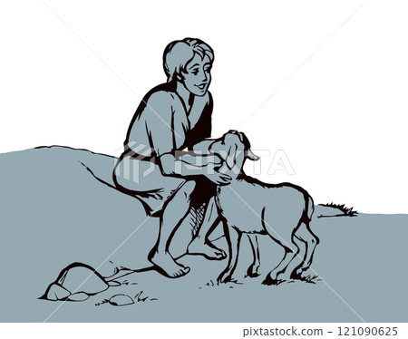 Shepherd with sheep. Vector drawing Shepherd with sheep. Vector drawing 121090625