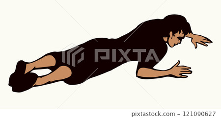 An exhausted person lies on the ground. Vector drawing An exhausted person lies on the ground. Vector drawing 121090627
