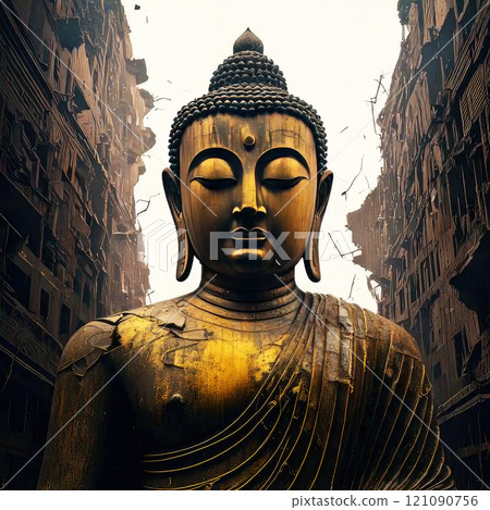 An ancient golden Buddhist statue in a serene temple setting in Thailand. An ancient golden Buddhist statue in a serene temple setting in Thailand. 121090756