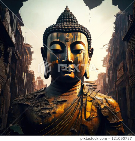 An ancient golden Buddhist statue in a serene temple setting in Thailand. 121090757