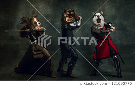 Playful collage with dogs clad in medieval knight attire, wielding swords and exuding fierce and humor 121090770