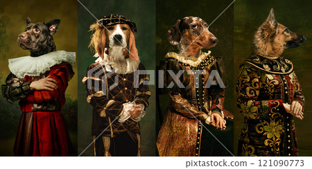 Whimsical collage with purebred dogs dressed in elaborate Renaissance attire again dark vintage background. 121090773