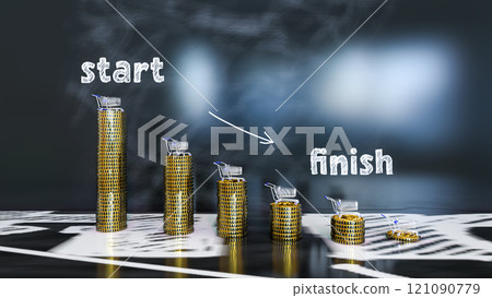 Money reduction concept image. Stacks of coins in a decrease financial concept. 3d rendering 121090779