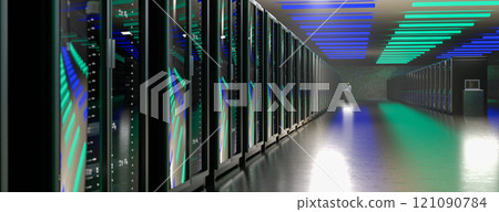 Servers. Servers room data center. Backup, mining, hosting, mainframe, farm and computer rack with storage information. 3d rendering Servers. Servers room data center. Backup, mining, hosting, mainframe, farm and computer rack with storage information. 3d rendering 121090784