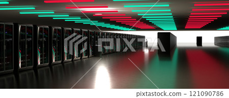 Servers. Servers room data center. Backup, mining, hosting, mainframe, farm and computer rack with storage information. 3d rendering 121090786