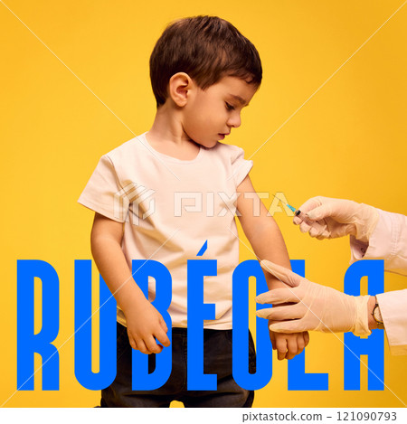 Serious and curious boy, child receiving vaccine. Spanish text rubeola meaning rubella disease. Conceptual design. Serious and curious boy, child receiving vaccine. Spanish text rubeola meaning rubella disease. Conceptual design. 121090793