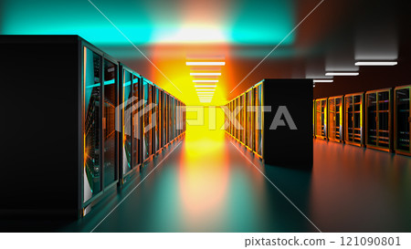 Server room. Server data center. Backup, mining, hosting, mainframe, farm and computer rack with storage information. 3d rendering Server room. Server data center. Backup, mining, hosting, mainframe, farm and computer rack with storage information. 3d rendering 121090801