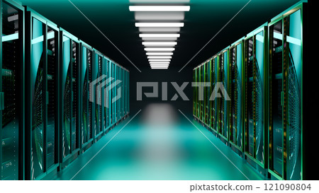 Server room. Server data center. Backup, mining, hosting, mainframe, farm and computer rack with storage information. 3d rendering Server room. Server data center. Backup, mining, hosting, mainframe, farm and computer rack with storage information. 3d rendering 121090804