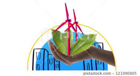Hand holding green leaves with wind turbines against urban background, emphasizing renewable energy and eco-conscious living. Contemporary art collage. 121090805