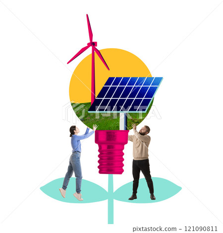 Man and woman lifting solar panel and wind turbine in abstract light bulb, symbolizing teamwork in environmental care. Contemporary art collage. Man and woman lifting solar panel and wind turbine in abstract light bulb, symbolizing teamwork in environmental care. Contemporary art collage. 121090811
