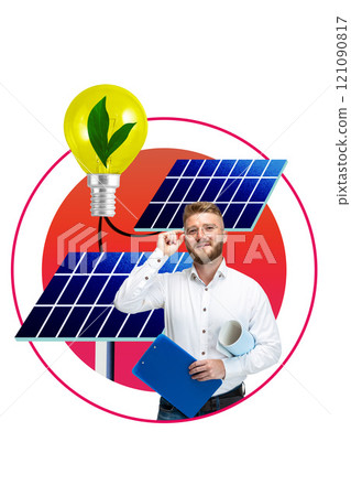 Man, yellow light bulb with leaf inside, surrounded by solar panels, representing green energy and innovation. Contemporary art collage. Man, yellow light bulb with leaf inside, surrounded by solar panels, representing green energy and innovation. Contemporary art collage. 121090817