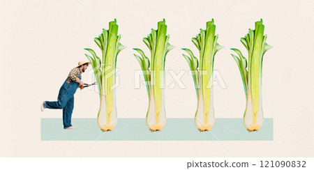 Man, farmer in overalls trimming massive celery stalks in artistic farming-themed composition against light background. Contemporary art collage. Man, farmer in overalls trimming massive celery stalks in artistic farming-themed composition against light background. Contemporary art collage. 121090832