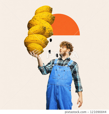 Young farmer in overalls balancing oversized yellow melons against minimalist background. Contemporary art collage. 121090844