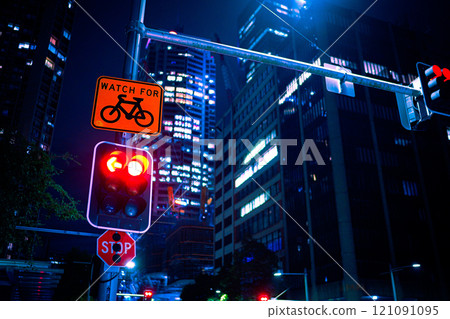 Bicycle warning sign at intersection Bicycle warning sign at intersection 121091095