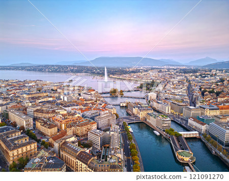 Geneva, Switzerland skyline view towards the Jet d'Eau 121091270