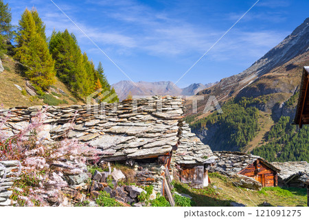 Village in the Swiss Alps on the Way to Lac Bleu, Switzerland 121091275