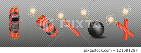 Realistic 3d bomb dynamite sticks with burning fuse. Vector 121091287