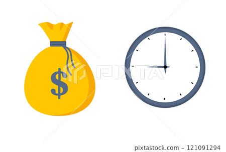 Time is money. Clock and dollar bag a balance scale. Financial concept .Time value of money asset growth over time depicts investment in long-term equity. Vector Time is money. Clock and dollar bag a balance scale. Financial concept .Time value of money asset growth over time depicts investment in long-term equity. Vector 121091294
