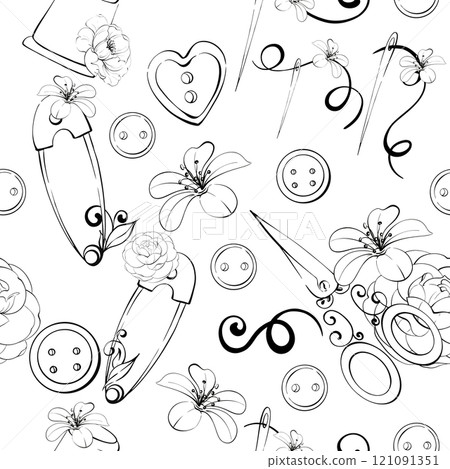 Sewing tools with flowers, romantic retro seamless background. Scissors, needles, buttons, pins, Spool of thread. Vintage old fashion, tailoring for postcard, fabric, printing. Graphic vector line 121091351