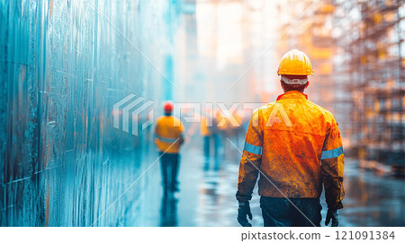 工地里戴安全帽穿黄色工作服的工人背影 工地里戴安全帽穿黄色工作服的工人背影 121091384