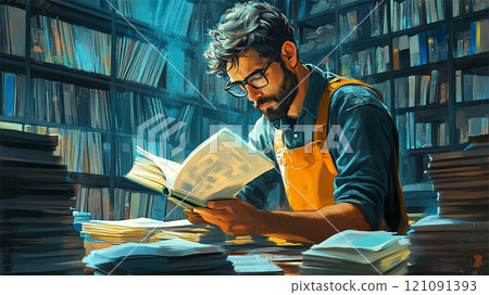 壹名帶眼鏡的外國學者在壹堆書籍裏低頭閱讀 壹名帶眼鏡的外國學者在壹堆書籍裏低頭閱讀 121091393