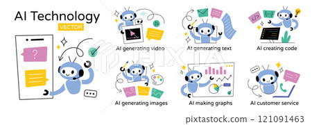Set of vector illustrations of AI technology. Cute robots performing tasks, generating video, creating text, and offering customer service. Artificial intelligence doodle icons. Flat cartoon design Set of vector illustrations of AI technology. Cute robots performing tasks, generating video, creating text, and offering customer service. Artificial intelligence doodle icons. Flat cartoon design 121091463