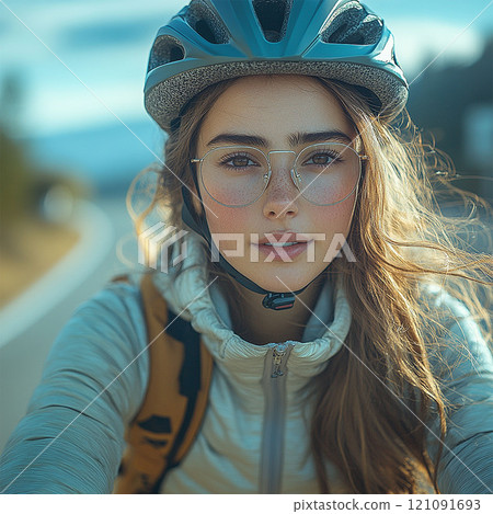 A girl riding a bicycle in sportswear, 121091693