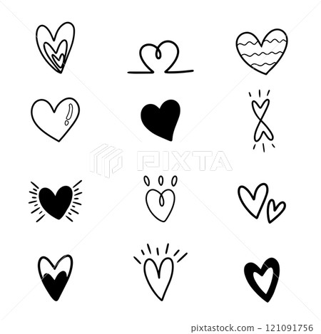 Heart or love doodle cartoon hand drawn with black line for element, illustration, valentine and lover. Different shapes Heart or love doodle cartoon hand drawn with black line for element, illustration, valentine and lover. Different shapes 121091756