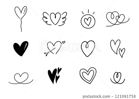 Heart or love doodle cartoon hand drawn with black line for element, illustration, valentine and lover. Different shapes Heart or love doodle cartoon hand drawn with black line for element, illustration, valentine and lover. Different shapes 121091758