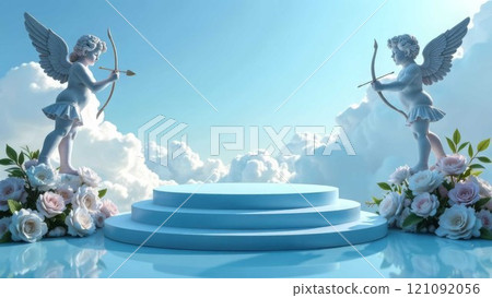product display podium. design with clouds, gift boxes, and figurines of an angel Cupid, flowers. Minimal blue background for Valentine's Day 121092056