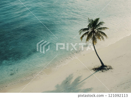 One palm tree on the beach with soft sand and blue ocean view for travel holiday experience.Wide view.AI Generative. 121092113