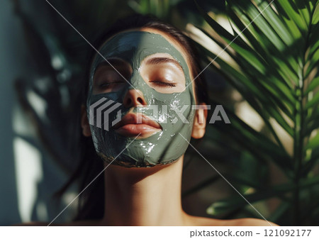 Facial green clay mask on young beautiful woman' face during relaxing spa treatment in tropical resort during holidays.Macro.AI Generative. 121092177