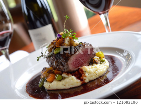 Fine restaurant evening dinner gourmet meal with grilled medium beef steak with grilled vegetables on plate.Macro.AI Generative. 121092190