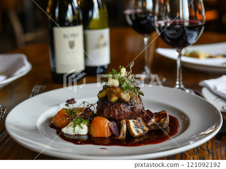 Juicy grilled beef fillet steak on plate with red wine sauce as dinner meal in fine restaurant.Macro.AI Generative. 121092192