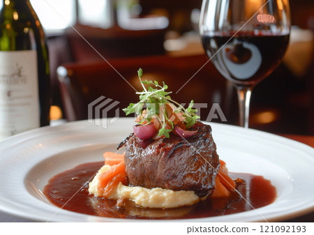Juicy grilled beef fillet steak on plate with red wine sauce as dinner meal in fine restaurant.Macro.AI Generative. 121092193