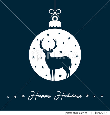 blue christmas greeting card with hanging ball decoration with deer vector illustration 121092216