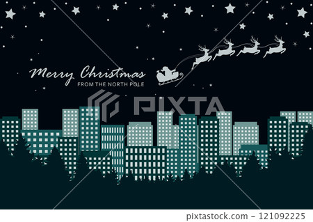 christmas banner santa claus in a sleigh with reindeer in the city vector illustration 121092225