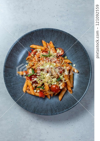 Penne pasta dish being served on modern restaurant table 121092559