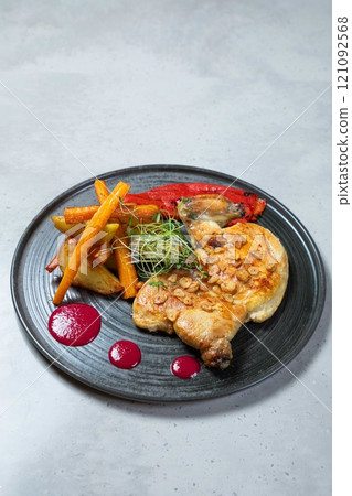 Delicious roasted chicken leg quarter with potatoes and red pepper on plate 121092568