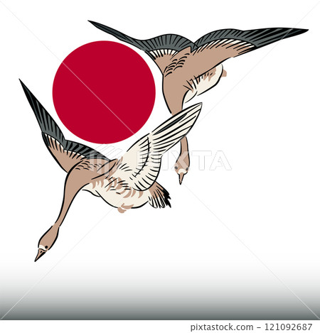 Two geese fly in front of a red rising sun, the symbol of the national flag of Japan. After a woodblock print detail of the Meiji era by Yoshitoshi. Illustration. Vector 121092687