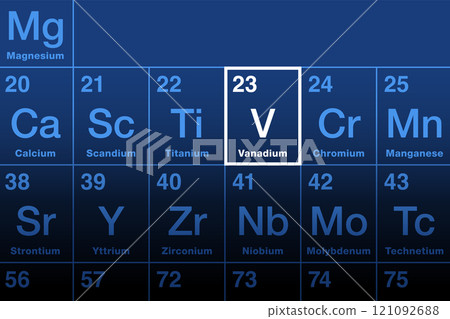 Vanadium element on the periodic table. Malleable transition metal and chemical element with atomic number 23, and with symbol V, from the Scandinavian goddess Vanadis. Used for special steel alloys. 121092688