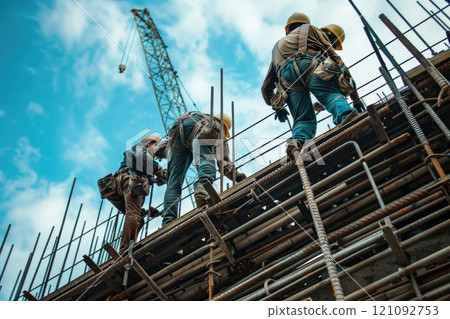 Construction Workers Building High-rise with Safety Gear and Blue Sky Background 121092753