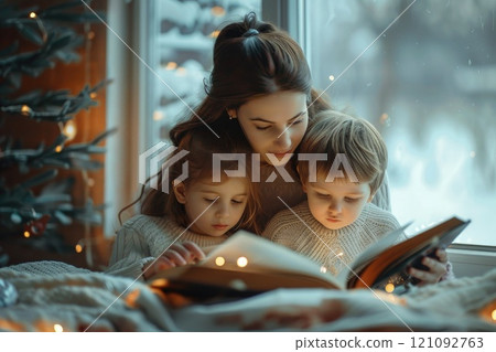 Mother Reading to Children by Christmas Tree on Winter Day 121092763